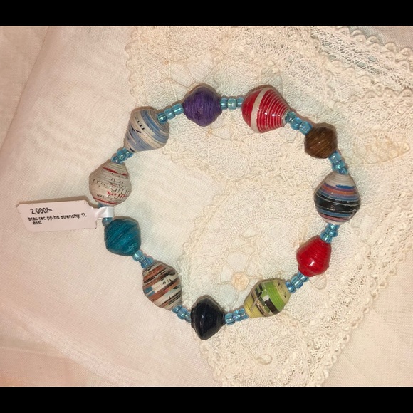 Colorful Paper Mache Bead Bracelet Banana Boat Recycled Stretch Bangle Vtg NWT - Picture 11 of 13